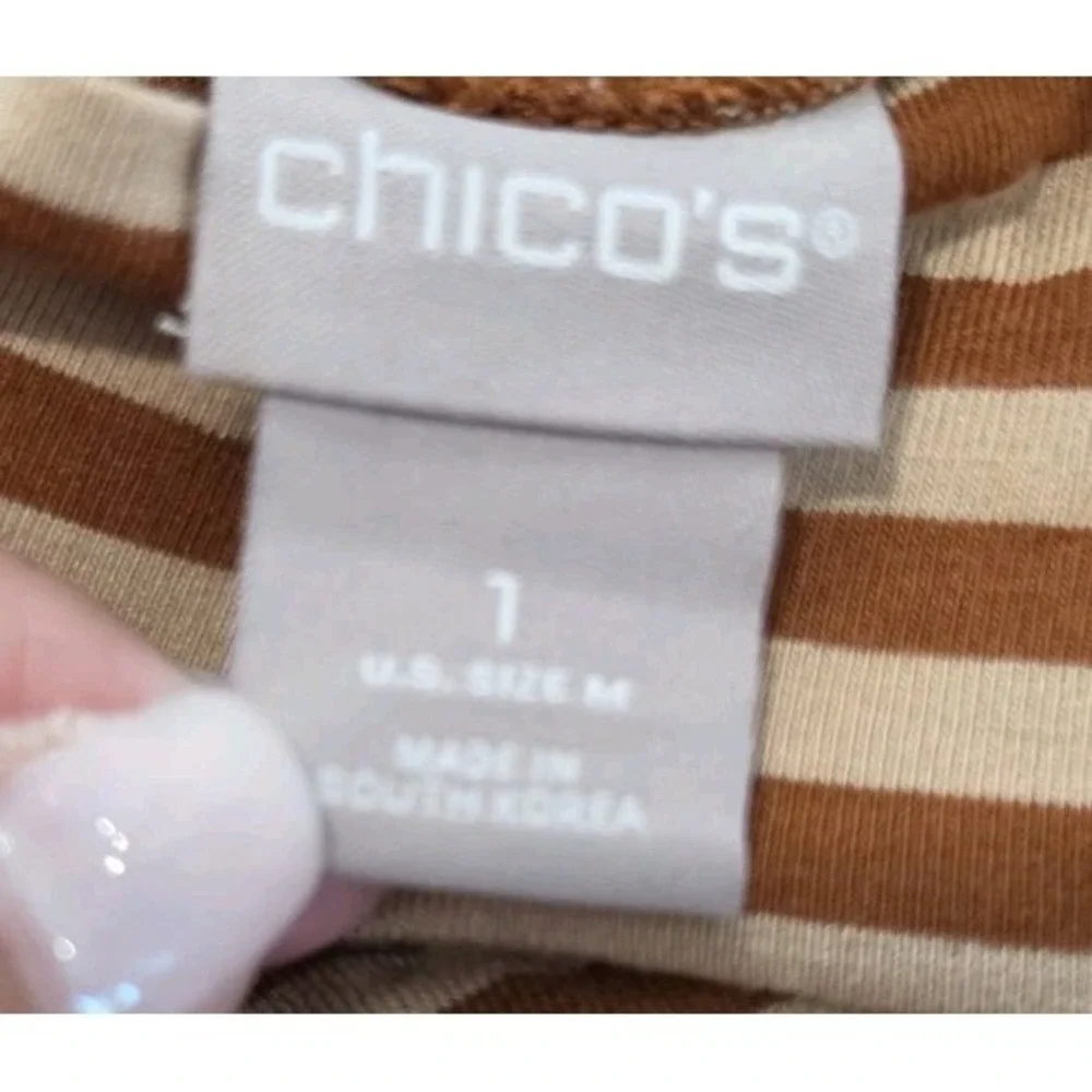 Chico's Bronzed Clay Asymmetrical Long Sleeve Striped Mock Top SZ 1 US 8/10